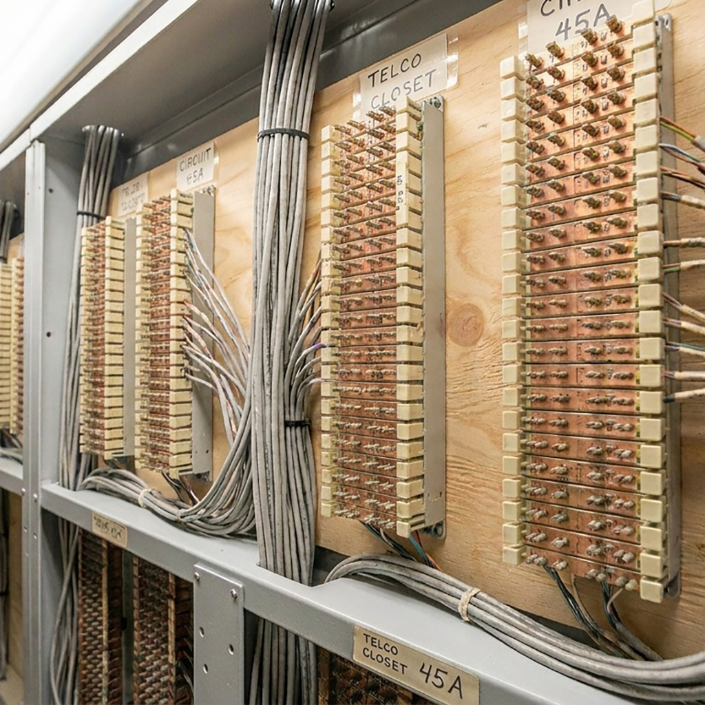 Aging copper telephone infrastructure — junction box and legacy wiring
