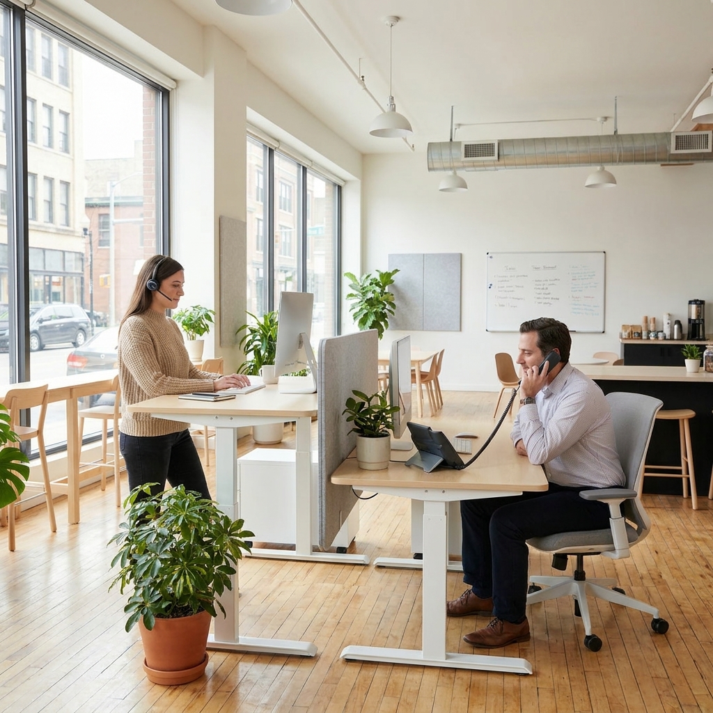 Modern office team using VoIP phones and headsets