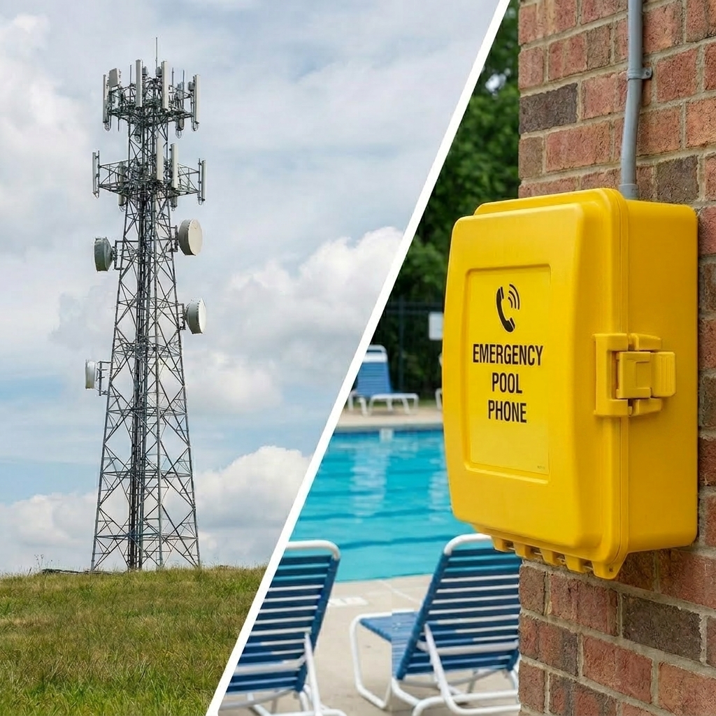 Cellular VoLTE POTS replacement device installed alongside life-safety equipment